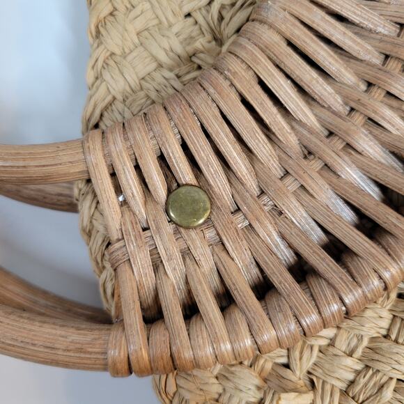 VINTAGE Woven Wooden Cinch Bag Brown Circle Handmade Rattan Summer‎ Beach Bag - Picture 3 of 14